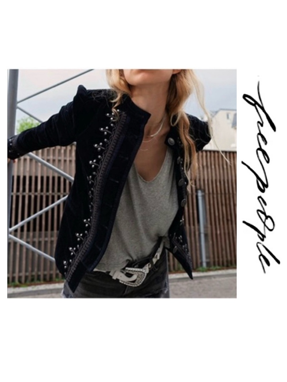 🦋 Free People Maven Embroidered Stretch-Velvet Jacket In Black - Picture 15 of 15
